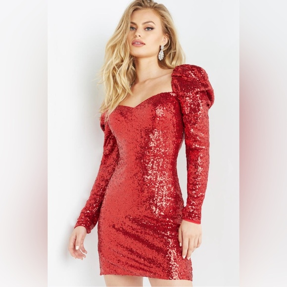 Jovani Dazzling Red Sequin Long Sleeve Dress - Picture 3 of 14